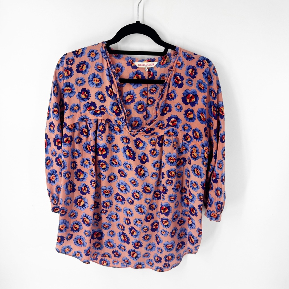 Rebecca Taylor 100% Silk Floral V-Neck Blouse Pink Blue Raw Edge Trim Size 4